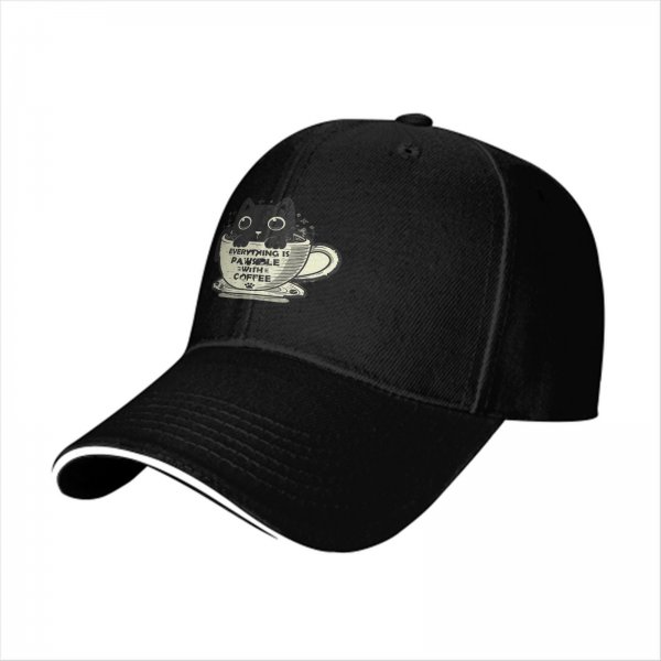 Black Baseball Cap With Cat In Coffee Cup 'Everything Is Pawsible With Coffee' Print