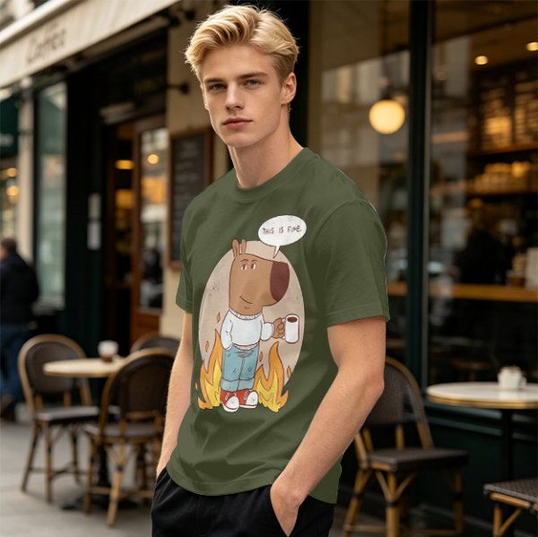 Olive T-Shirt Featuring the 'This Is Fine' Dog Meme Art