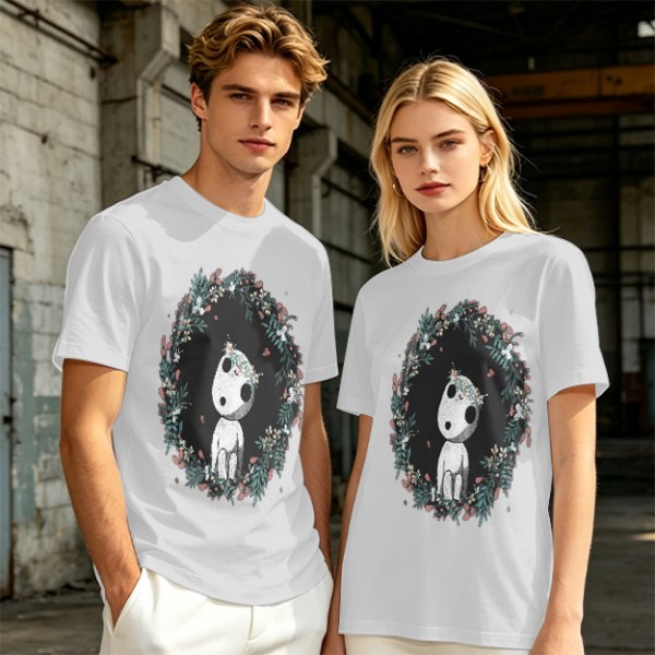 Olive T-Shirt with Kodama Forest Spirit Floral Wreath Print