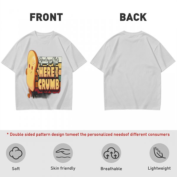 Olive graphic tee with playful bread character and 'Ready or Not Here I Crumb' text