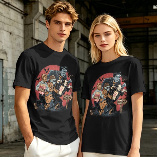 Olive T-Shirt with Classic Horror Monsters Going to Cinema Print