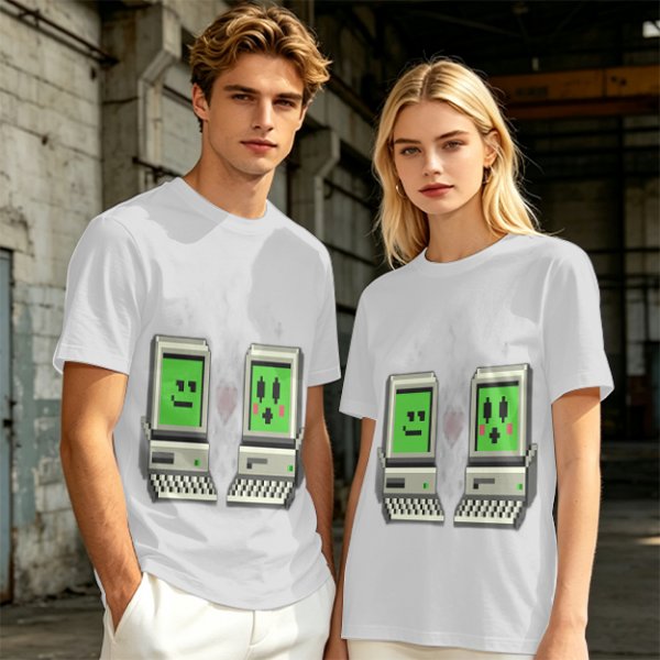 Olive T-shirt with pixel art retro computer characters print