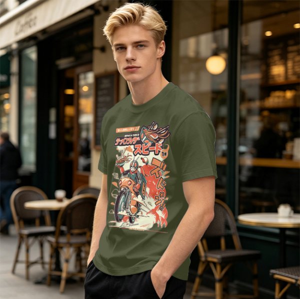 Olive green graphic tee with retro masked rider ramen motorcycle art