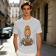 Olive T-shirt with cartoon muscular character meditating surrounded by candles