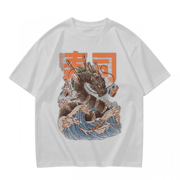 Olive T-shirt with Sushi Dragon Wave Graphic Print