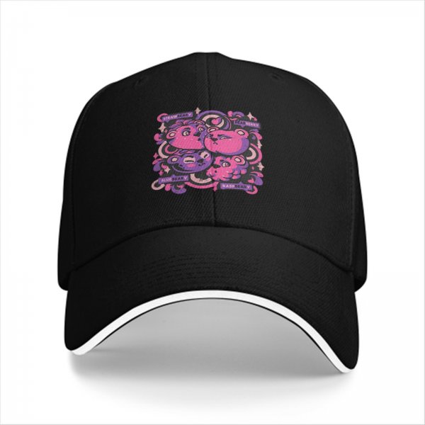 Black baseball cap with pink and purple bear graphic print