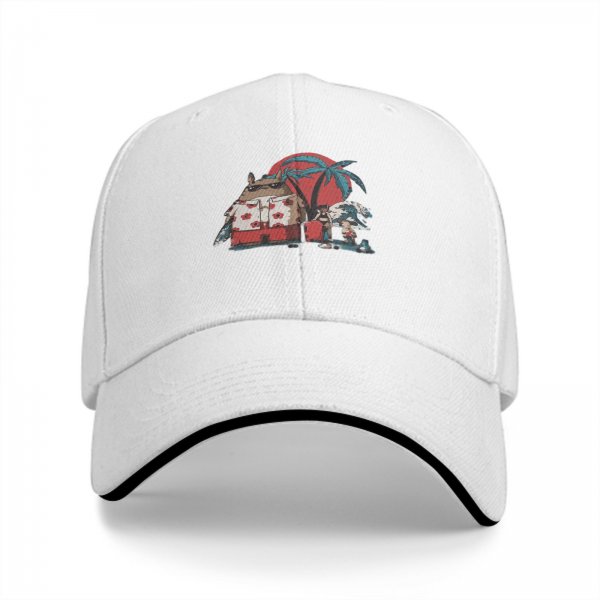 Black Baseball Cap with Tropical Beach Themed Graphic Print