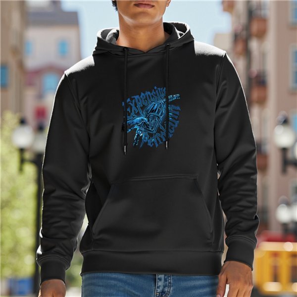 Black Hoodie With Blue Graphic Print Design