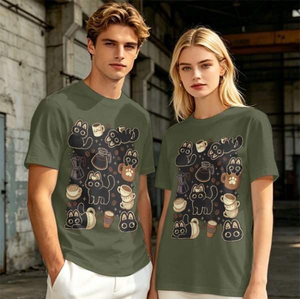 Olive T-Shirt With Cute Black Cats And Coffee Themed Print