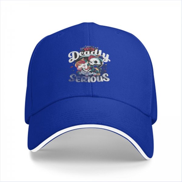 Black baseball cap with 'Deadly Serious' and whimsical skull graphic
