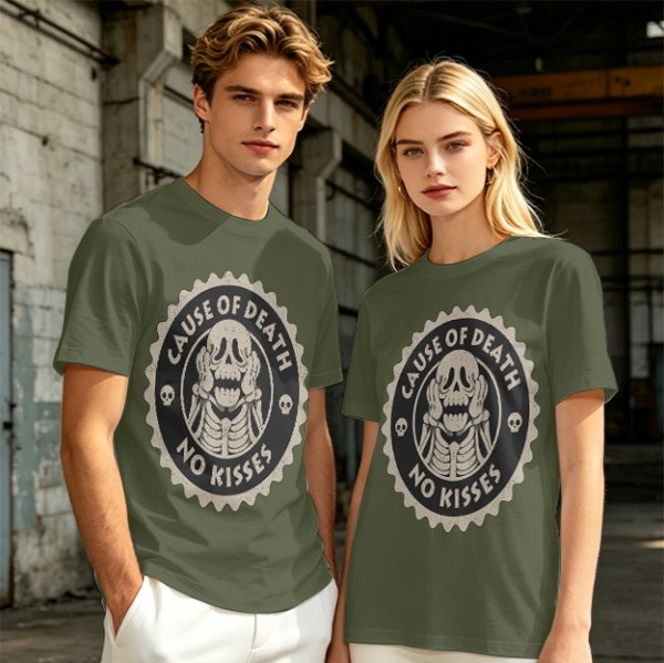 Olive T-shirt with 'Cause of Death No Kisses' Skeleton Graphic