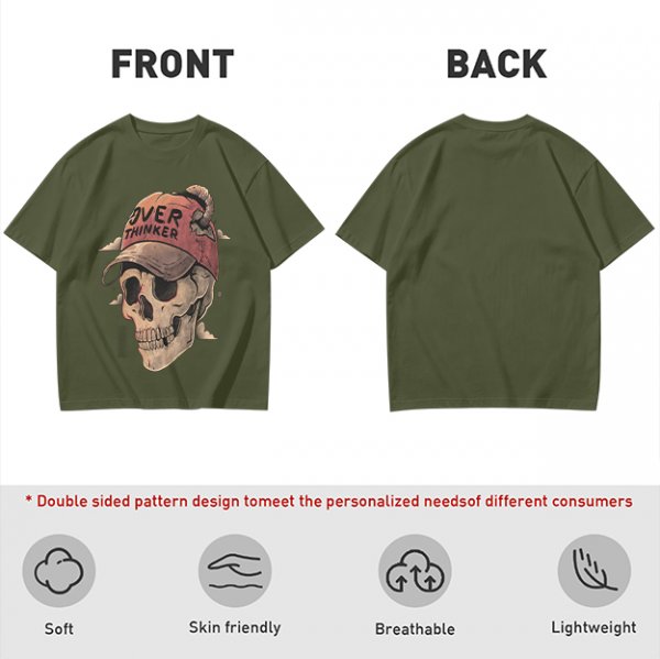 OVER THINKER Skull Graphic Olive T-Shirt