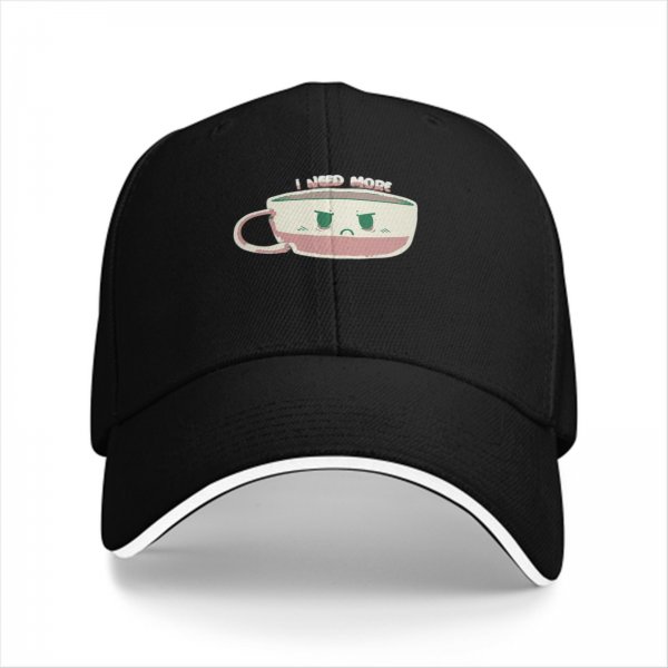 Black Baseball Cap With I Need More Coffee Cup Graphic