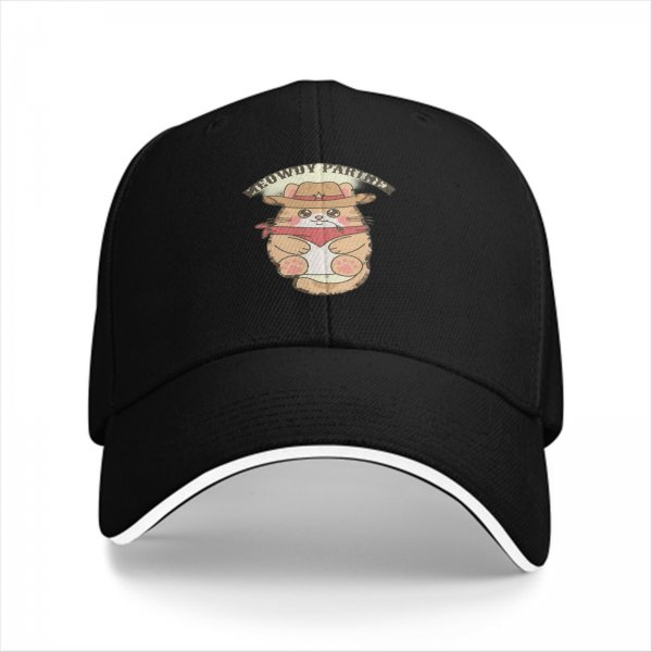 Black baseball cap with cute cowboy cat graphic and 'meowdy partner' text