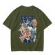 Olive green graphic t-shirt with raccoon eating ramen print