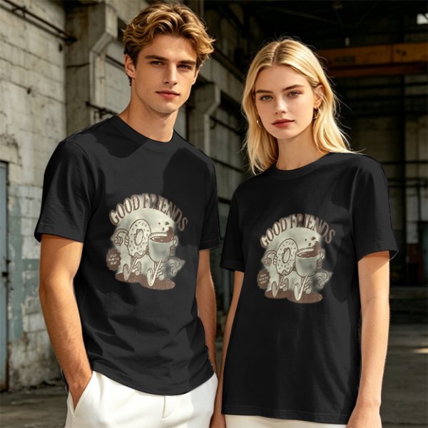 Olive green graphic t-shirt with good friends donut and coffee print