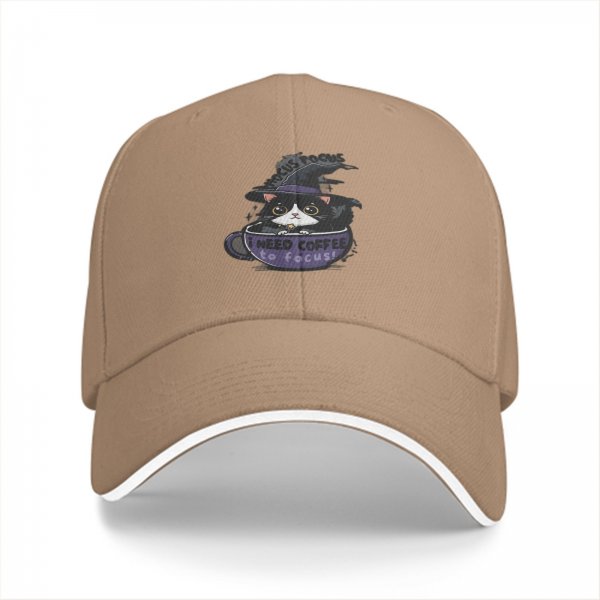 Black baseball cap with witch cat coffee cup 'I need coffee to focus' print
