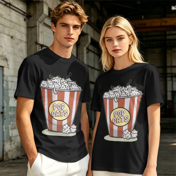 Olive T-Shirt With Pop Cats Popcorn Bucket Graphic