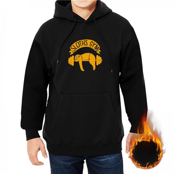 Black hoodie with Sloths Gym sloth lifting barbell graphic