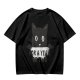 Olive graphic t-shirt with black cat holding 'for a year or two' text