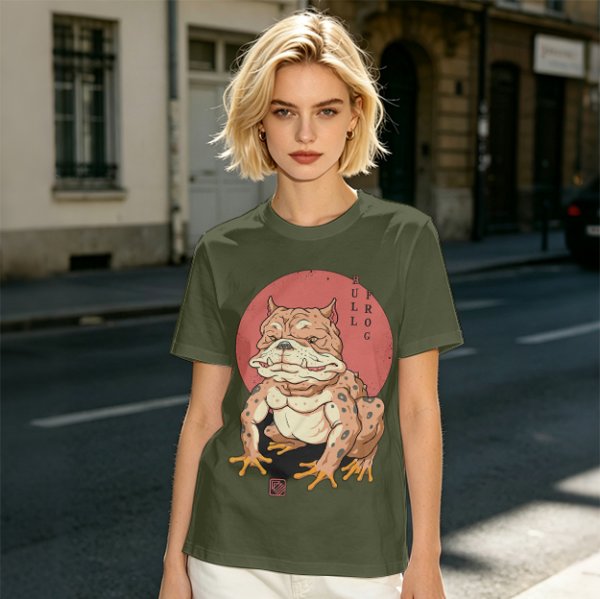 Olive Green T-Shirt With Bulldog Frog Hybrid Graphic Print