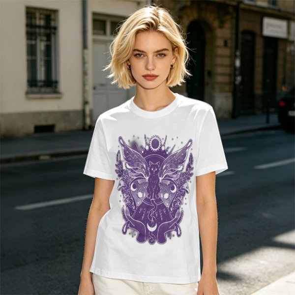 Olive T-Shirt with Celestial Cat Moth and Mystical Hands Print