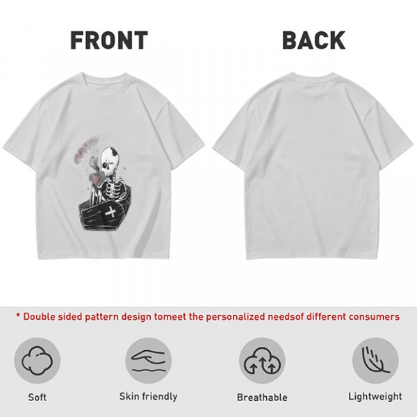 Olive T-shirt with Skeleton in Coffin Holding Coffee Print