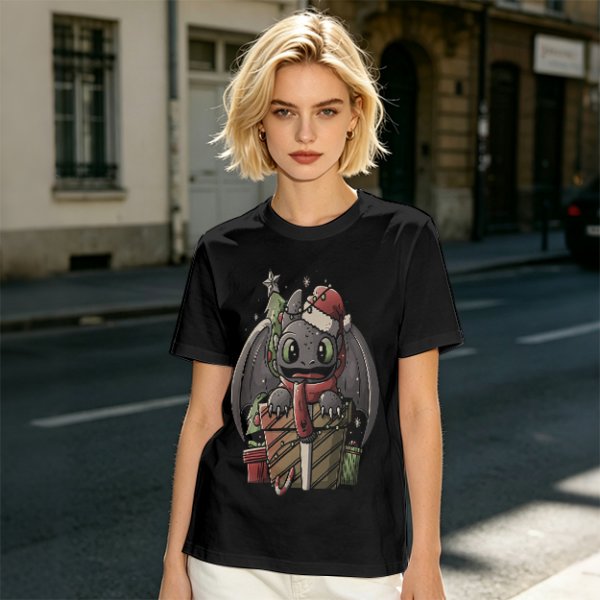 Christmas Toothless Dragon T-Shirt with Holiday Gifts and Decor