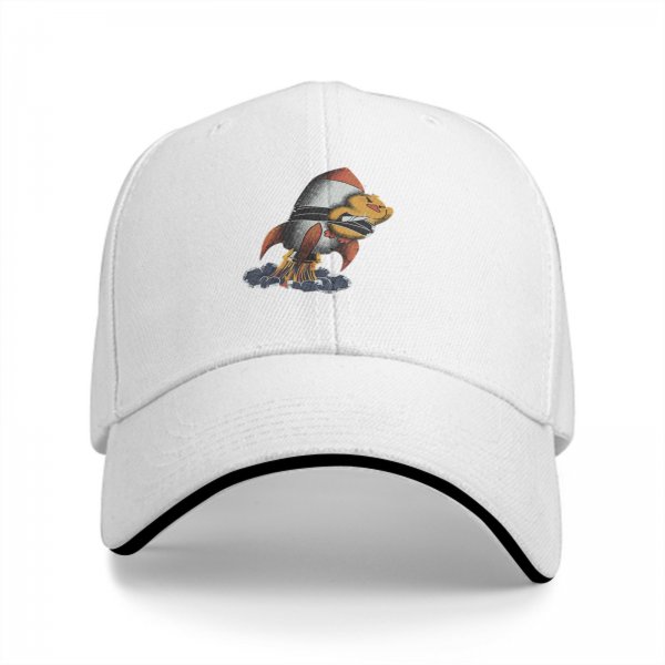 Black baseball cap with cartoon duck riding a rocket launch design