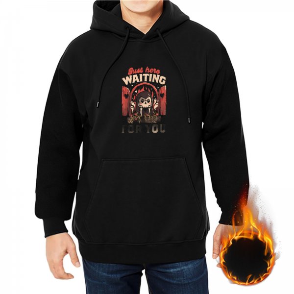 Black hoodie with cute grim reaper 'Just Here Waiting For You' graphic