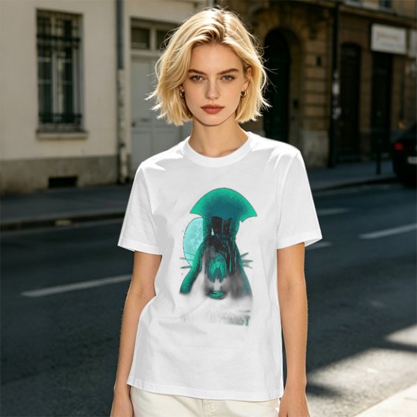 Olive T-Shirt With Glowing Teal Mushroom Creature And Moon Print