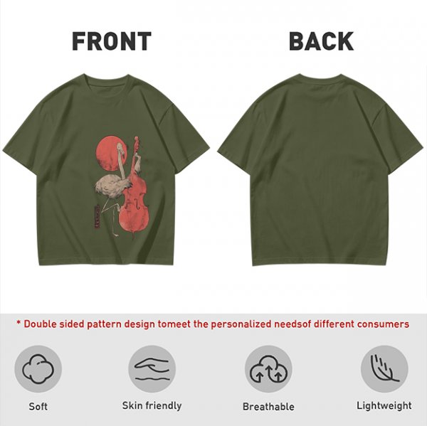 Olive T-Shirt With Crane Playing Cello Red Moon Art Print