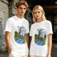 Olive T-shirt with Cartoon Boys Balancing on Log Over Stream
