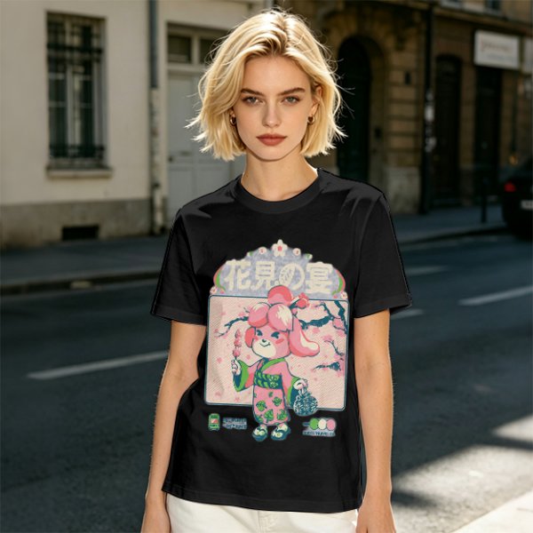 Olive green t-shirt with cherry blossom festival dog character print
