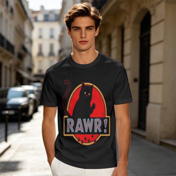 Olive T-Shirt With Black Cat Rawr Dinosaur Parody Graphic