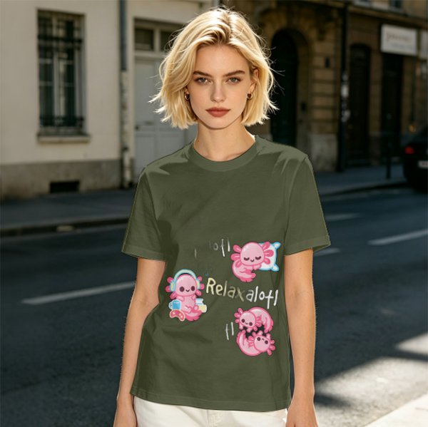 Olive T-Shirt With Cute Axolotl Relaxalotl Graphic Print
