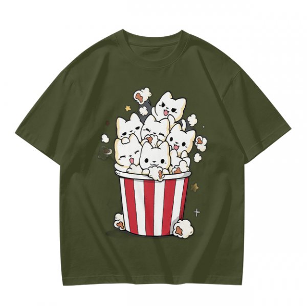 Olive T-Shirt With Cute Kitten Popcorn Bucket Graphic