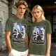 Olive green t-shirt with raccoon chef graphic and text