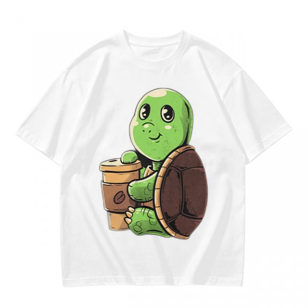 Olive Green T-Shirt With Cute Turtle Holding Coffee Cup Print