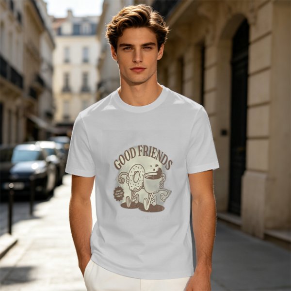 Olive green graphic t-shirt with good friends donut and coffee print