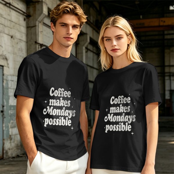 Olive green t-shirt with 'Coffee makes Mondays possible' print