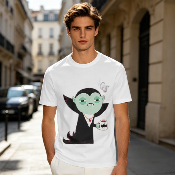 Olive T-Shirt With Tired Vampire Holding Bat Mug Graphic