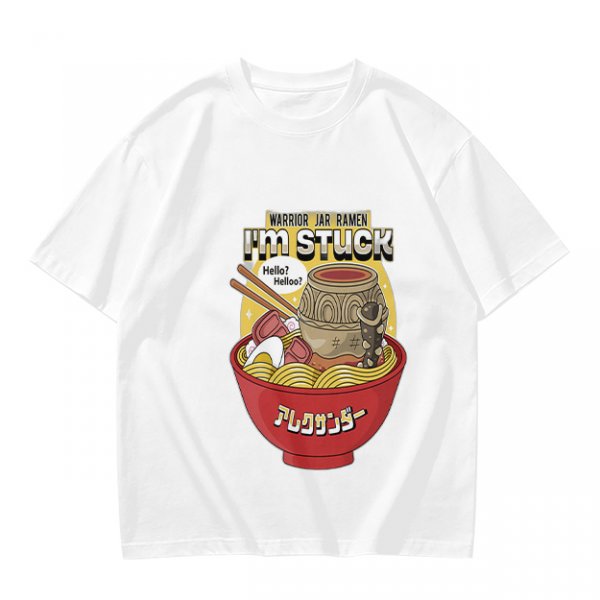 Olive graphic tee with ramen bowl and stuck jar print