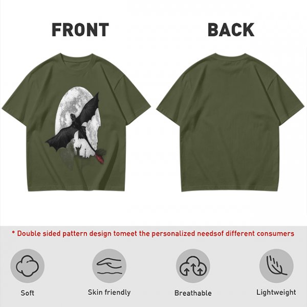 Olive T-Shirt Featuring Night Fury Dragon Flying In Front Of Full Moon