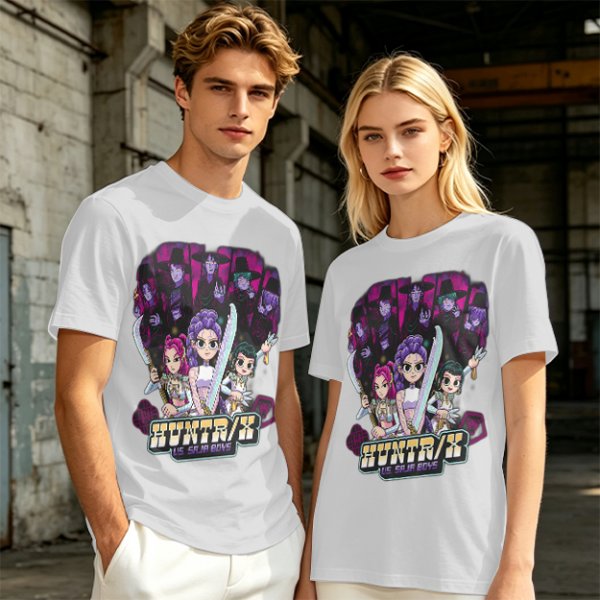 Olive Graphic Tee with Anime Hunter Characters and Huntr/X Text