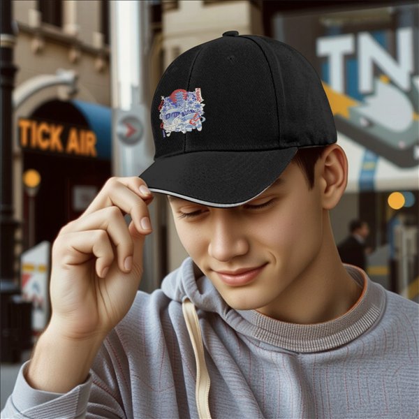 Black Baseball Cap With Japanese Anime Inspired Graphic Print