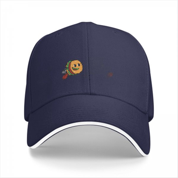 Black baseball cap with a cartoon flying burger graphic