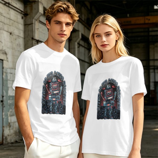 Olive green t-shirt with retro robot monster city attack graphic