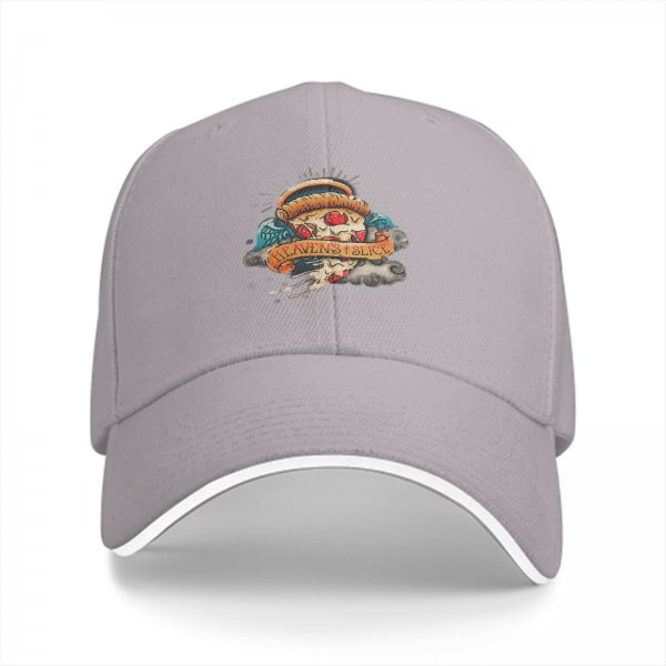 Black baseball cap with Heaven's Slice pizza angel graphic