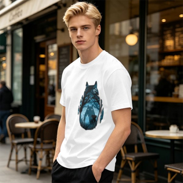 Olive T-shirt with Totoro Forest Silhouette Graphic Print